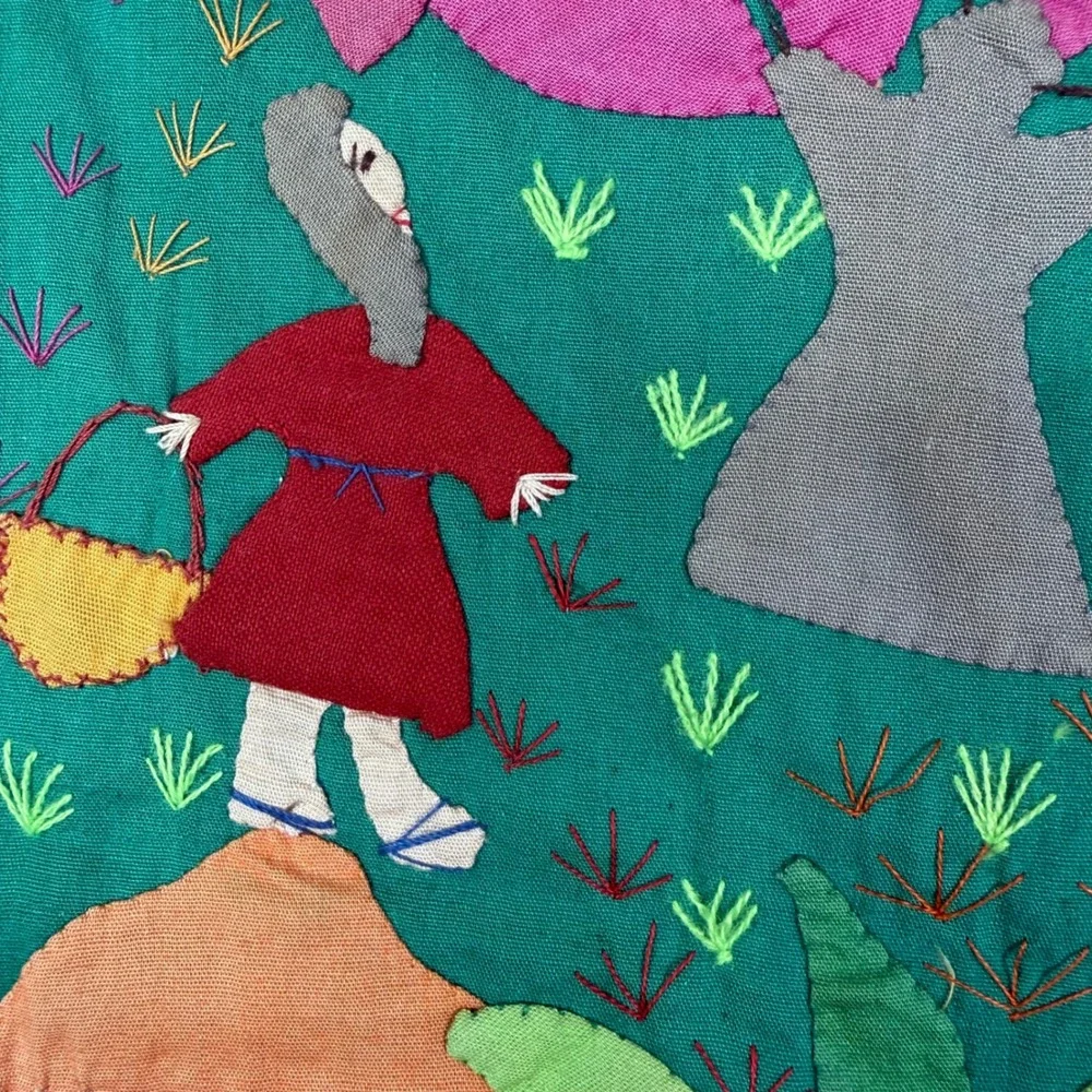Vintage Peruvian Arpillera Folk Art Wall Hanging Handmade Village Scene 18x14.5